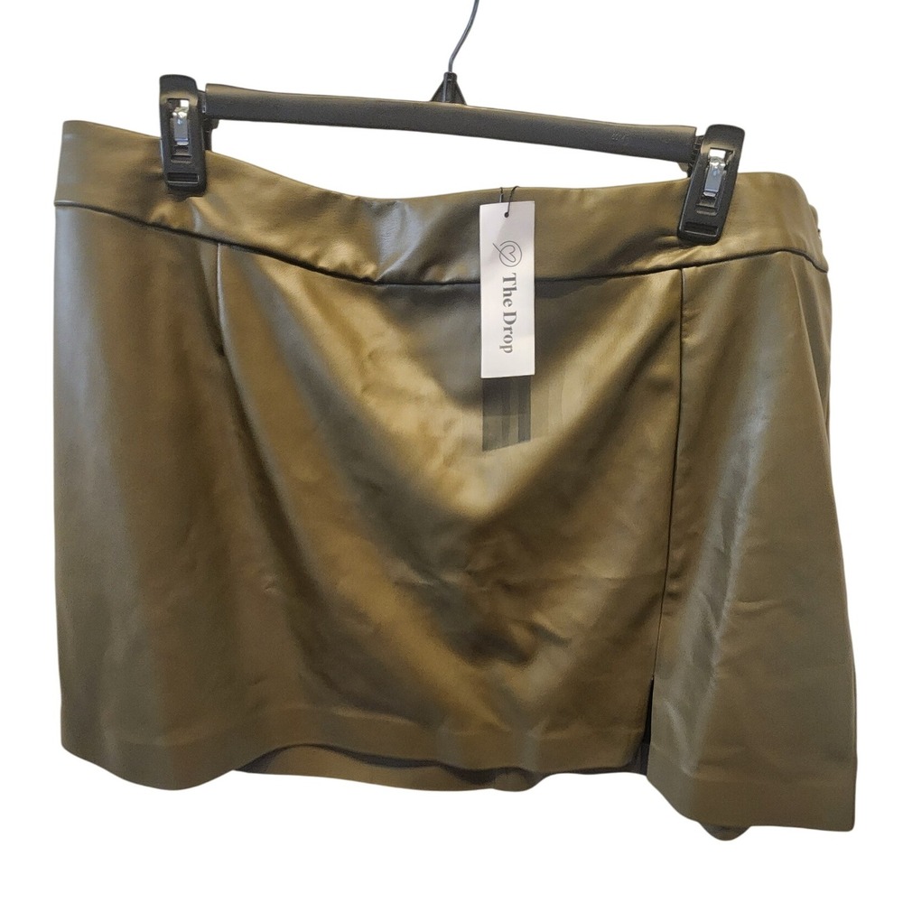 The‎ Drop Womens Olive Green Faux Leather Mini Skirt Side Slit Elastic Waist 3X